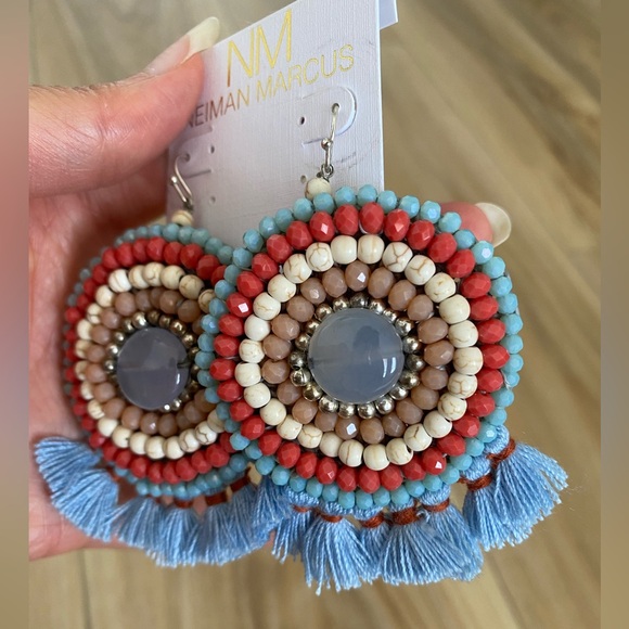 Neiman Marcus Statement Fran Drop Fringe Round Stone Bead Blue Red Cream NWT box - Picture 3 of 15